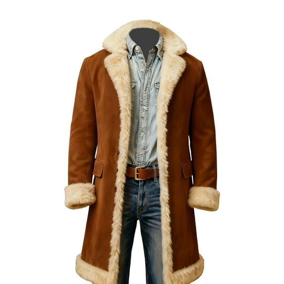 HOWPAY Christmas Trench Coat Men Solid Color Windbreaker Long Sleeve Notched Collar Long Jacket Wih Pockets Pea Coat Warm Winter Overcoat Brown S