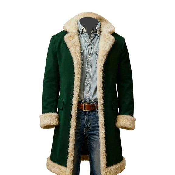HOWPAY Christmas Trench Coat Men Solid Color Windbreaker Long Sleeve Notched Collar Long Jacket Wih Pockets Pea Coat Warm Winter Overcoat Dark Green XL