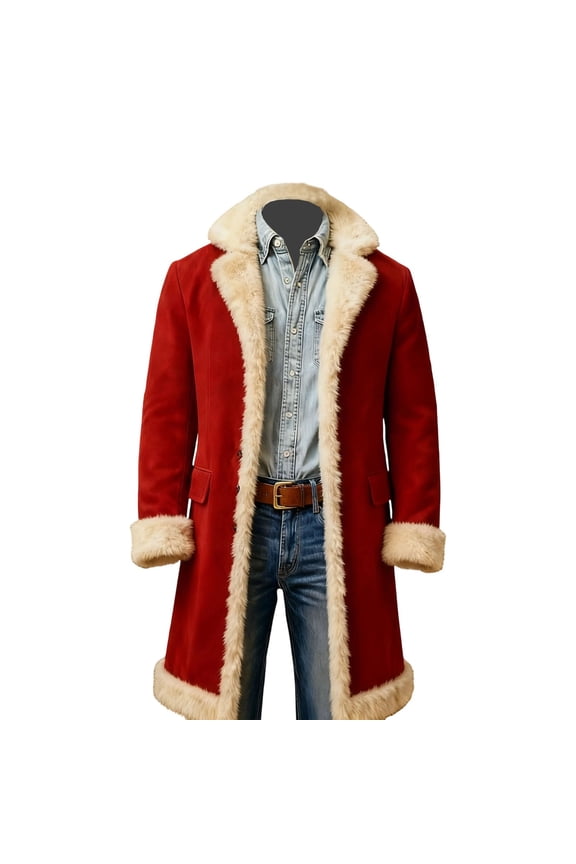 Christmas Trench Coat Men Solid Color Windbreaker Long Sleeve Notched Collar Long Jacket Wih Pockets Pea Coat Warm Winter Overcoat Red M