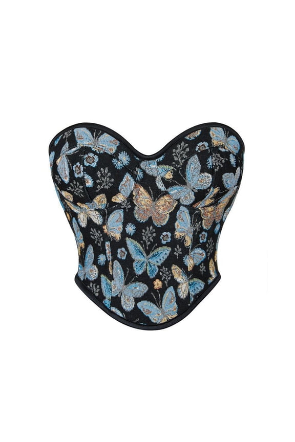 Corset Tops for Women Strapless Butterfly Jacquard Bustier Y2k Vintage Waist Trainer Sweetheart Neck Shapewear Black M