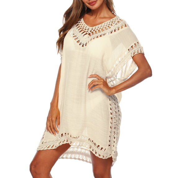HOWPAY Cover Ups for Swimwear Women Hollow Out Swimsuit Coverup Short Sleeve Swimwear Summer Crochet Beach Dress Vacation Clothes Beige One Size