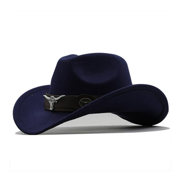 HOWPAY Cowboy Hats for Women Men Wide Brim Classic Western Felt Fedora Cowgirl Hat with Decorative Bands Lightweight Vintage Rolled up Caps Navy M