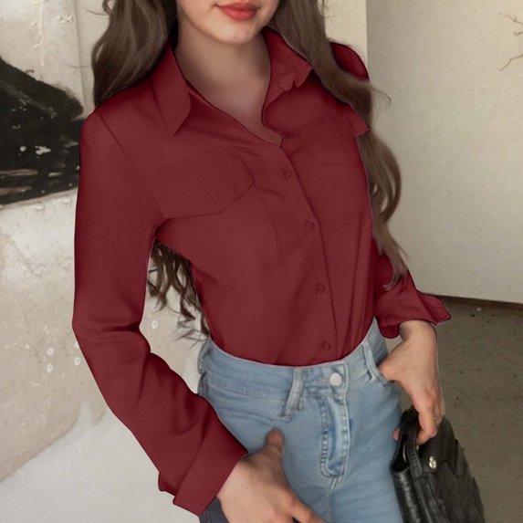 HOWPAY Dress Shirts for Women Button down Long Sleeve Collared Blouses Tops Solid Color Stretch Loose Dressy Casual Lightweight Fall Outfits Wine L