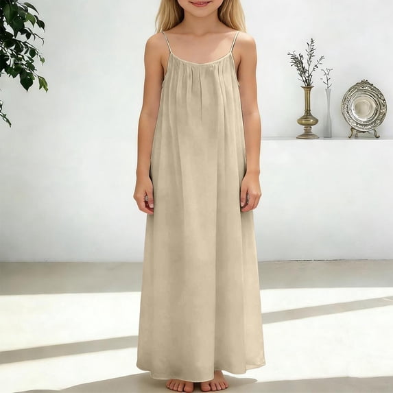 HOWPAY Dresses for Girls Sleeveless Swing Flowy Dresses Spaghetti Strap Solid Color Lightweight Summer Loose Fit Beach Casual Sundress Khaki