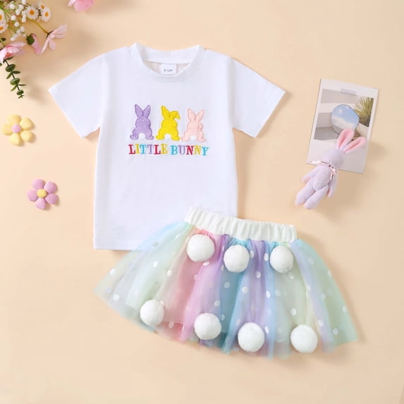 HOWPAY Easter Baby Girl Outfits Funny Bunny Print Short Sleeve Crew Neck Tops and Tutu Skirts Sets Soft Lightweight 2 Piece Clothes Set Yellow