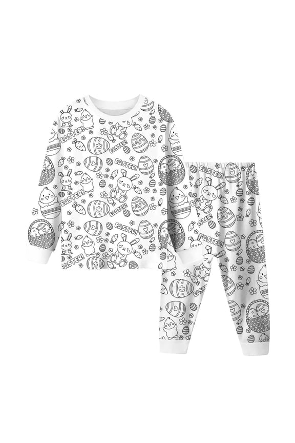 Easter Boy Outfits Bunny Eggs Print Long Sleeve Crew Neck Tops and Elastic Jogger Pants Pj Sets Comfy Lightweight 2 Piece Loungewear White