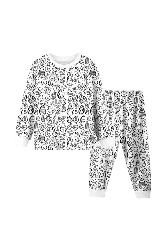 Easter Boy Outfits Funny Bunny Graphic Long Sleeve Crew Neck Tops and Elastic Jogger Pants Pj Sets Soft Lightweight 2 Piece Loungewear White