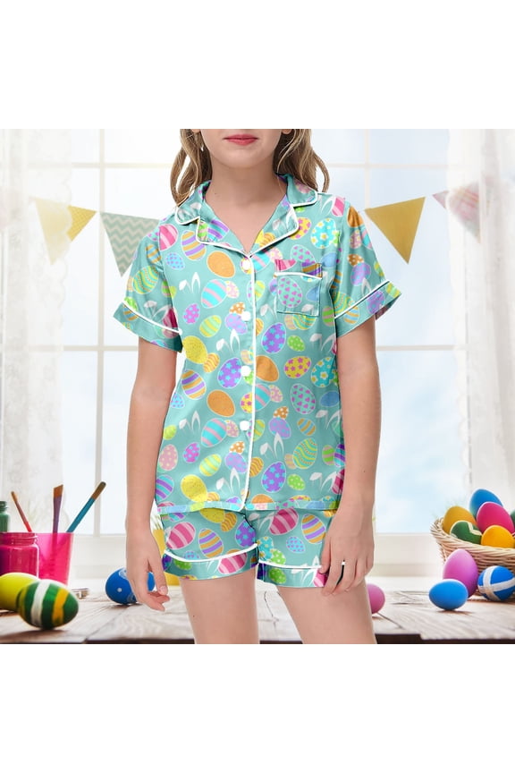 Easter Girls Outfits Bunny Floral Print Button Down Short Sleeve Tops and Shorts Lounge Set Comfy Lightweight 2 Piece Sleepwear Mint Green