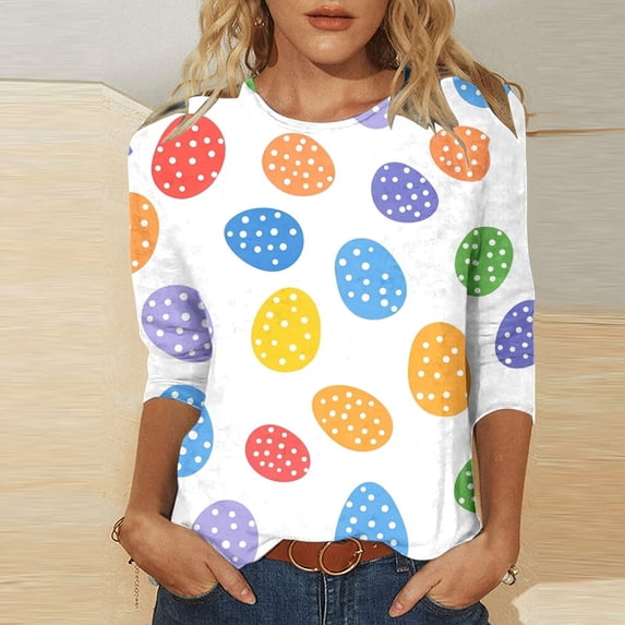 HOWPAY Easter Shirts for Women 3/4 Sleeve Funny Bunny Print Crew Neck Tee Tops Casual Loose Fit T-Shirt Cozy Lightweight Y2K Clothes White L