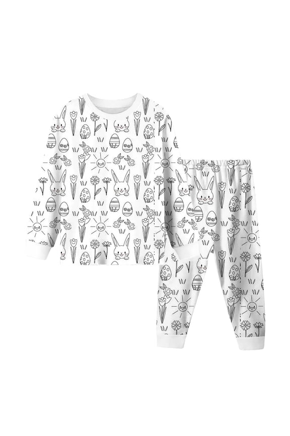 Easter Toddler Boy Outfits Bunny Eggs Print Crew Neck Long Sleeve Tops and Elastic Jogger Pants Pj Sets Comfy Causal 2 Piece Sleepwear White