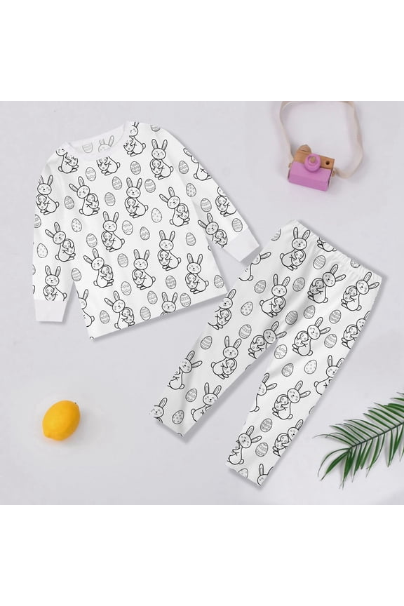 Easter Toddler Boy Outfits Bunny Graphic Long Sleeve Crew Neck Tops and Elastic Jogger Pants Pj Sets Comfy Lightweight 2 Piece Sleepwear White