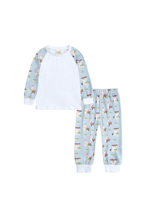 Easter Toddler Boy Outfits Funny Bunny Print Crew Neck Long Sleeve Tops and Elastic Jogger Pants Pj Sets Comfy Causal 2 Piece Sleepwear Blue