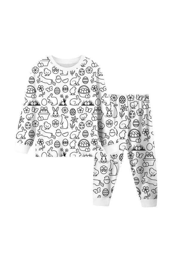 Easter Toddler Boy Outfits Funny Bunny Print Crew Neck Long Sleeve Tops and Elastic Jogger Pants Pj Sets Soft Causal 2 Piece Loungewear White