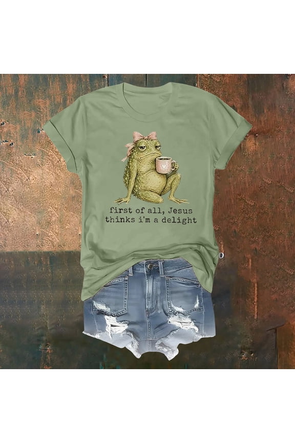 First of All Jesus Thinks I'm A Delight T-Shirts for Women Funny Christian Frog Graphic Tees Summer Tops Green M