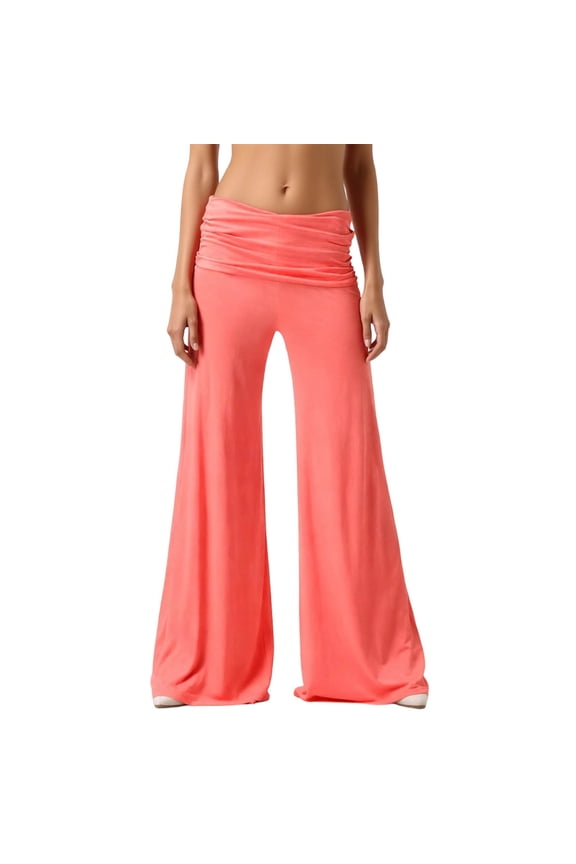 Fold over Pants for Women Ruched Waist Wide Leg Yoga Pants Stretchy Solid Color Loose Lounge Flared Sweatpants Comfy Palazzo Bottoms Orange S