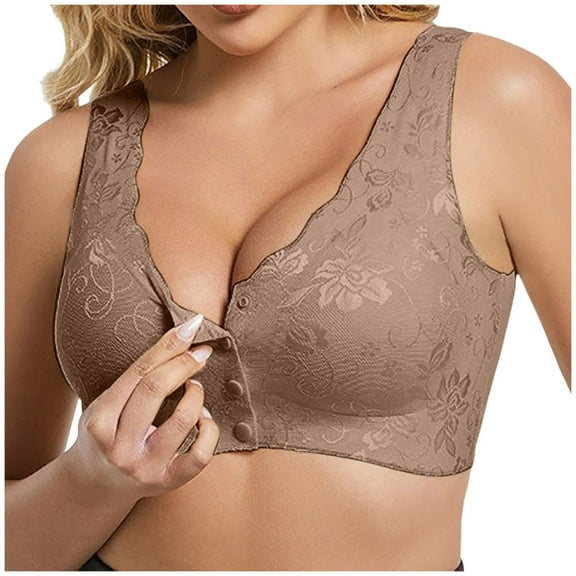 HOWPAY Front Closure Bras for Women Push up No Underwire Full Coverage Soft Supportive Wireless Snap Closing Bralettes Comfortable T-Shirt Bra Khaki L