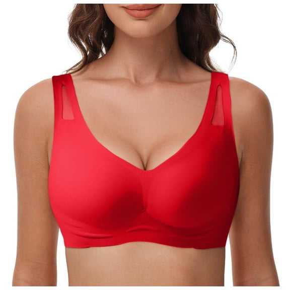 HOWPAY Full Coverage Bras for Women Wireless Push up No Underwire Supportive Stretch Sports Pullover Bralettes Comfortable Soft T-Shirt Bra Red XL