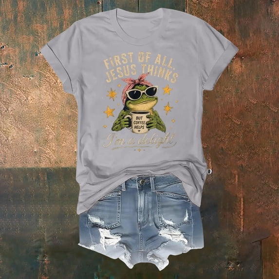 HOWPAY Funny Graphic Tees for Women First of All Jesus Thinks I'm A Delight T-Shirts Funny Christian Shirts Frog Graphic Tees Summer Tops Grey S