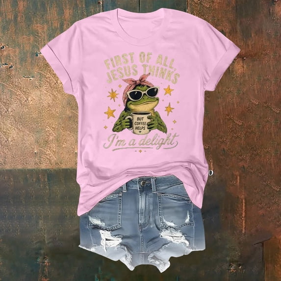 HOWPAY Funny Graphic Tees for Women First of All Jesus Thinks I'm A Delight T-Shirts Funny Christian Shirts Frog Graphic Tees Summer Tops Pink XL