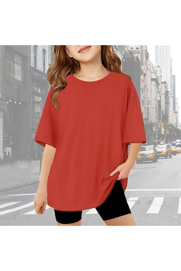 Girl T Shirts Crewneck Short Sleeve Solid Color Tops Oversized Loose Fit Comfy Casual Basic Workout Summer Clothes Red