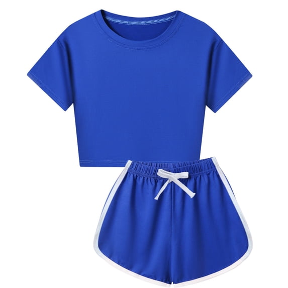 HOWPAY Girls 2 Piece Outfits Casual Crew Neck Short Sleeve T-Shirt and Elastic Waist Shorts Tracksuit Solid Color Comfy Summer Sweatsuits Set Blue