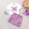 thumbnail image 1 of HOWPAY Girls 2 Piece Outfits Casual Short Sleeve Crew Neck Tees and Elastic Waist Skirts Tracksuit Graphic Soft Comfy Summer Clothes Set Purple, 1 of 7