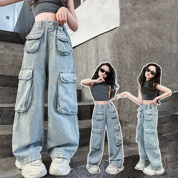 HOWPAY Girls Baggy Jeans Straight Leg Elastic Waist Loose Fit Denim Pants with Pockets Pull on Lightweight Summer Clothes