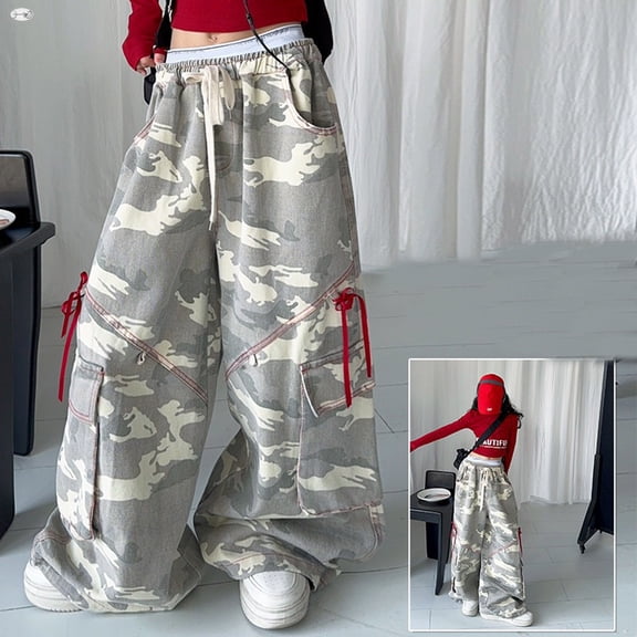 HOWPAY Girls Baggy Pants Camo Print Relaxed Fit Wide Leg Elastic Waist Lounge Pants Stretchy Pull on Lightweight Casual Summer Clothes White