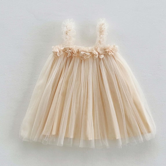 HOWPAY Girls Dresses Sleeveless Solid Color Lightweight A-Line Flowy Mesh Princess Dresses Loose Fit Summer Party Casual Sundress Beige