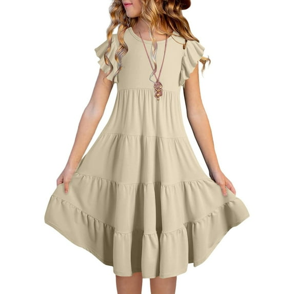 HOWPAY Girls' Dresses Solid Color Flutter Sleeve Lightweight Swing Flowy Princess Dresses Summer Loose Fit Party Casual Sundress Khaki
