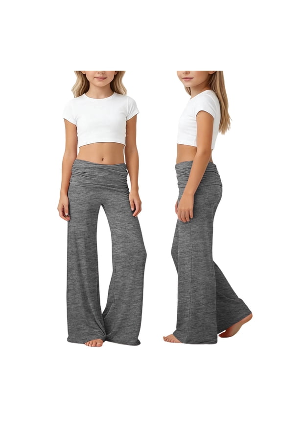 Girls Fold over Pants Oversized Wide Leg Casual Flared Pants Solid Color High Waist Yoga Strechy Athletic Workout Sweat Pants Grey