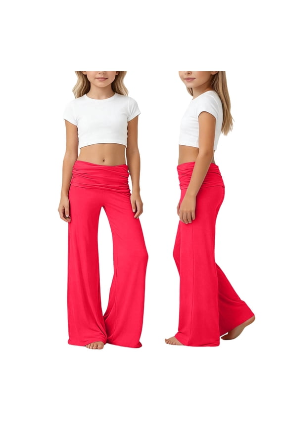Girls Fold over Pants Oversized Wide Leg Casual Flared Pants Solid Color High Waist Yoga Strechy Athletic Workout Sweat Pants Red