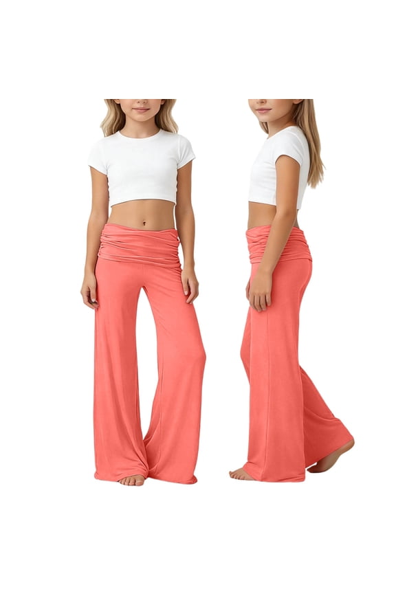 Girls Fold over Pants Oversized Wide Leg Casual Flared Pants Solid Color High Waist Yoga Strechy Athletic Workout Sweat Pants Rose Gold
