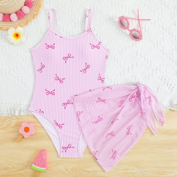 HOWPAY Girls One Piece Swimsuit Bow Print Sleeveless Bathing Suit with Cover up Skirt Adjustable Spaghetti Straps Summer Beach Swimwear Pink