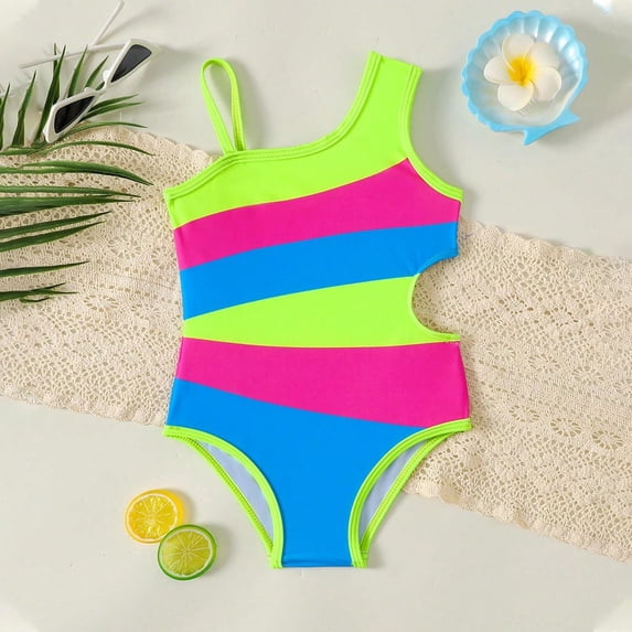 HOWPAY Girls One Piece Swimsuit Color Block Sleeveless Quick Dry Bathing Suit Beach Vacation Pool Party Summer Outfit Swimwear Multicolour