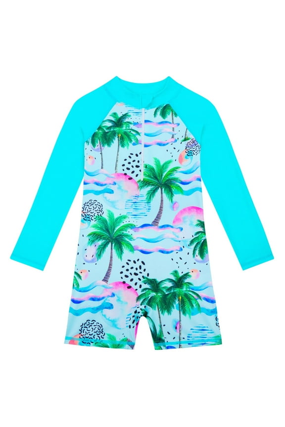 Girls One Piece Swimsuit Summer Long Sleeve Bathing Suit Sports Tankini Set for Beach Pool Loose Fit Stretch Casual Swimwear Light Blue