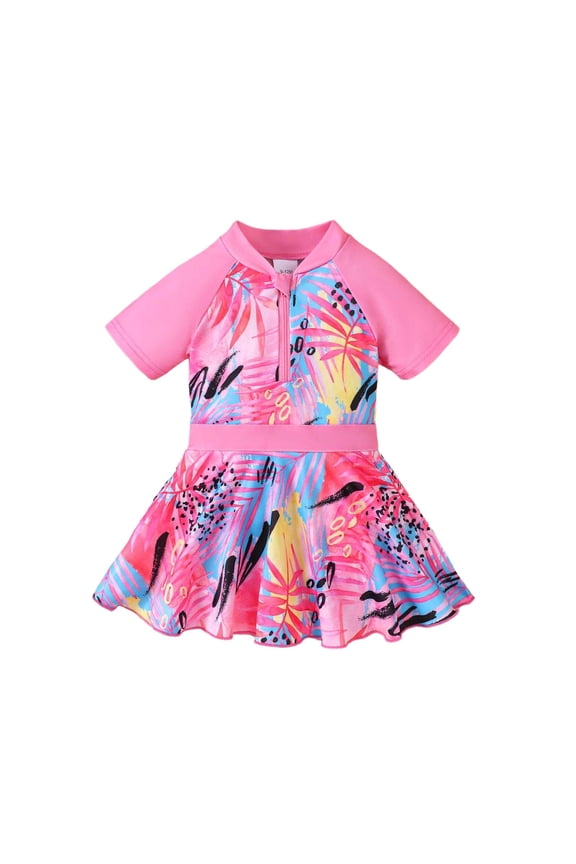 Girls One Piece Swimsuit Summer Short Sleeve Bathing Sports Sun Beach Stretch Tankini Set for Swimming Pools Soft Loose Fit Swimwear Red