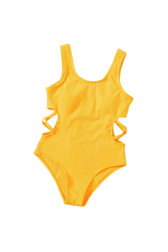 Girls One Piece Swimsuits Quick Dry Sleeveless Bathing Suit Cut Out Bikini Sets Sun Beach Pool Casual Soft Summer Swimwear Yellow