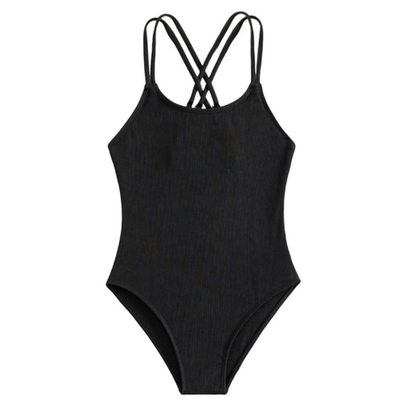 HOWPAY Girls One Piece Swimsuits Solid Color Sleeveless Quick Drying Bathing Suit Beach Vacation Cut Out Soft Casual Summer Swimwear Black