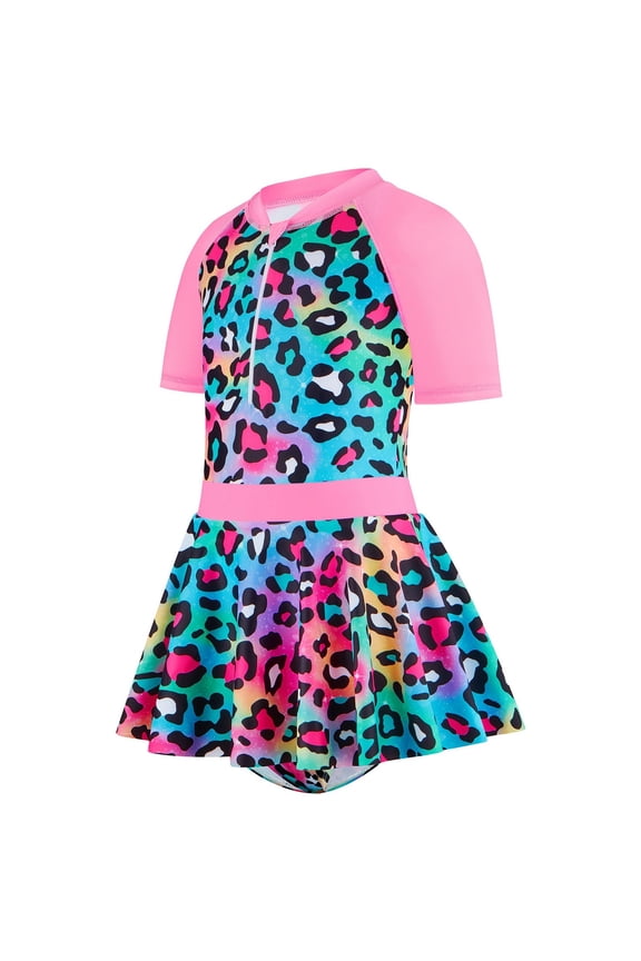 Girls One Piece Swimsuits Summer Leopard Print Short Sleeve Bathing Suit Quick Drying Casual Soft Loose Fit Sun Beach Swimwear Pink