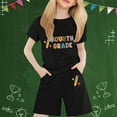 thumbnail image 1 of HOWPAY Girls Outfits 2 Piece Casual Letter Print Crew Neck Short Sleeve Tees and Wide Leg Shorts Tracksuit Summer Loose Fit Clothing Set Black, 1 of 4