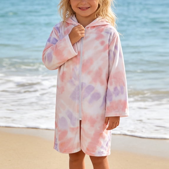 HOWPAY Girls Swim Cover up Long Sleeve Printed Swimsuit Coverup Hooded Zip up Beach Robe Quick Drying Swimwear Summer Pool Bathing Suit Pink