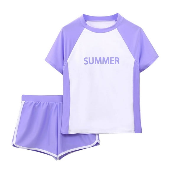 HOWPAY Girls Swimsuit 2 Piece Solid Color Short Sleeves Top and Shorts Summer Swimsuit for Beach Pool Casual Loose Fit Swimwear Purple