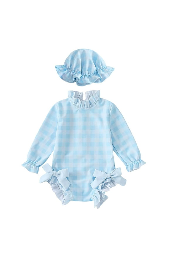 Girls Swimsuit 2 Piece Summer Cute Long Sleeve Bathing Suit Stretch Sports Sun Beach Tankini Set with Hat Swimming Pools Swimwear Light Blue