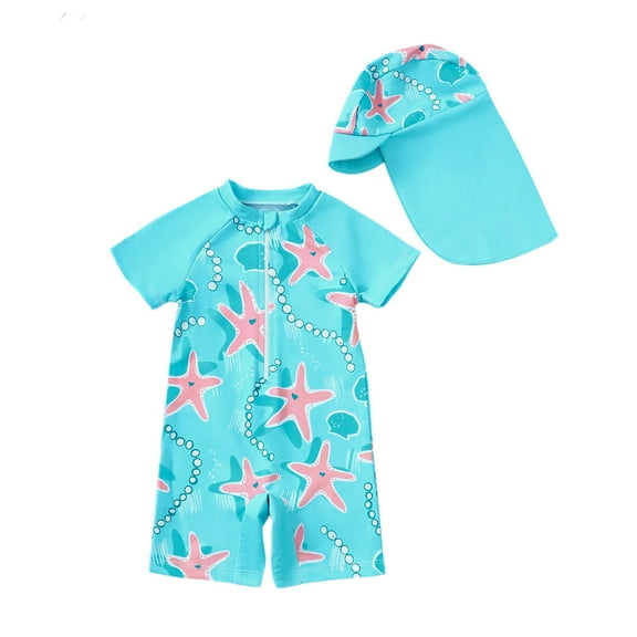 HOWPAY Girls Swimsuit 2 Piece Summer Cute Short Sleeve Bathing Sports Sun Beach Stretch Tankini Set with Hat Swimming Pools Soft Swimwear Blue