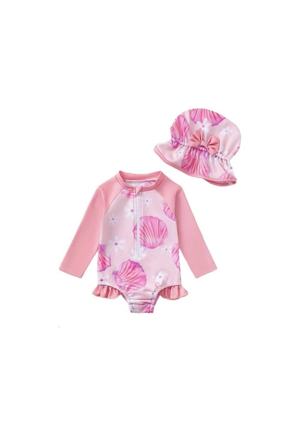 Girls Swimsuit 2 Piece Summer Long Sleeve Tankini Bikini Set Sport Sun Beach Stretch Bathing Suit with Hat Swimming Pools Swimwear Hot Pink