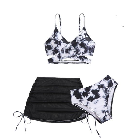 HOWPAY Girls Swimsuit 3 Piece Cute Sleeveless Bikini Sets Sun Beach Sport Spaghetti Strap Bathing Suit with Cover up Skirt Summer Swimwear Black