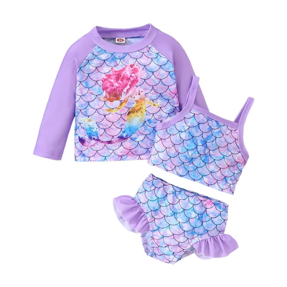 HOWPAY Girls Swimsuit 3 Piece Summer Print Cute Print Tankini Top and Bikini Bottom Bathing Suit with Cover up Beach Pool Swimwear Purple