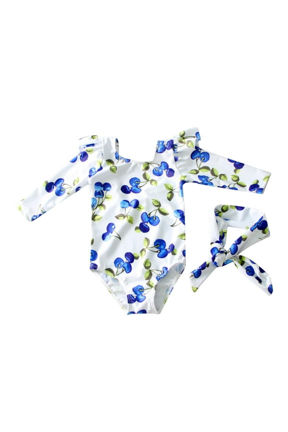 Girls Swimsuit One Piece Tropical Print Summer Long Sleeve Cut Out Tankini Sets Quick Drying Loose Fit Sport Casual Beach Pool Swimwear Blue