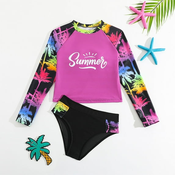 HOWPAY Girls Swimsuit Quick Dry Tropical Print Long Sleeve Tankini High Waist Bikini Bottoms Bathing Suit Summer Casual Sport 2 Piece Swimwear Purple